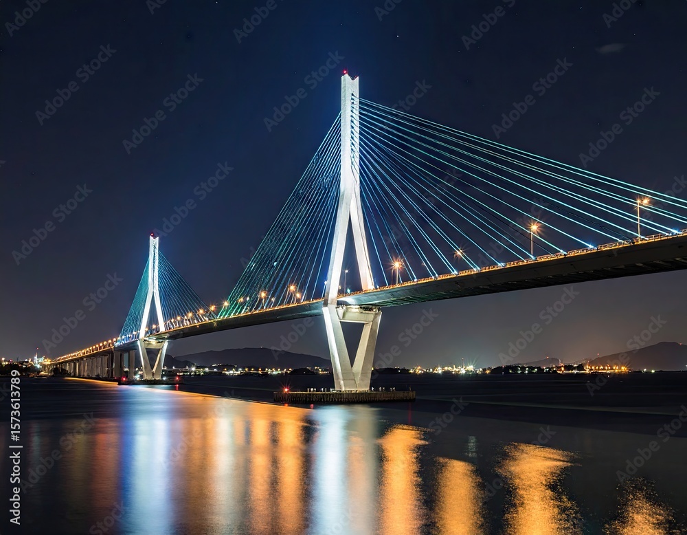 Obraz premium Illuminated cable-stayed bridge at night
