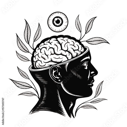 Stylized black and white illustration of a human head profile with an open skull revealing a brain and an eye above surrounded by leaves
