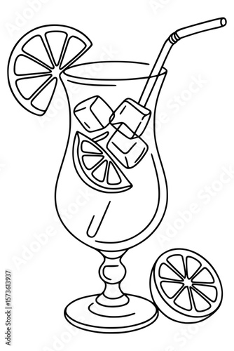 Cocktail drink in glass with lemon slice and ice cube outline