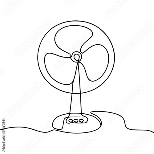 Continuous line art drawing of an electric desk fan isolated