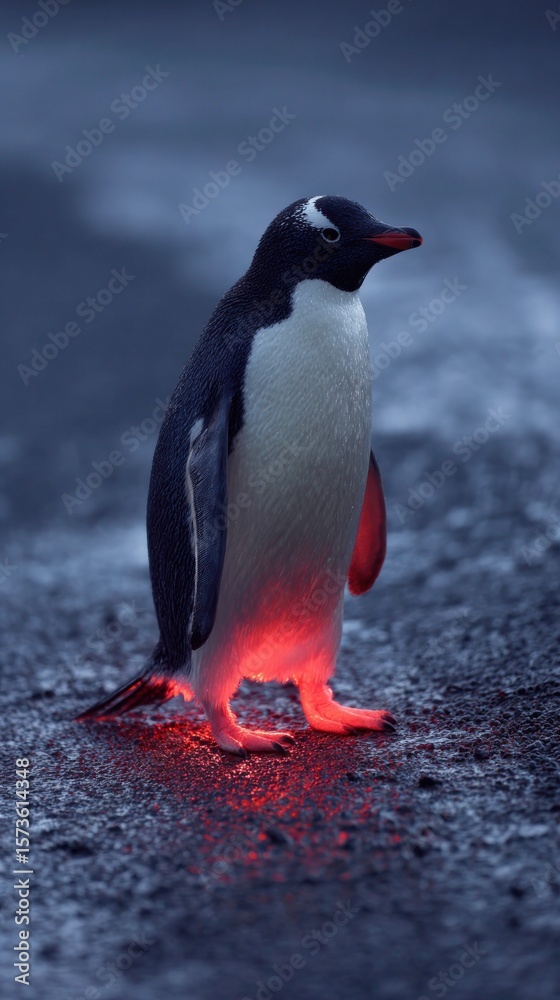 Fototapeta premium Penguin standing with striking red illumination on textured surface