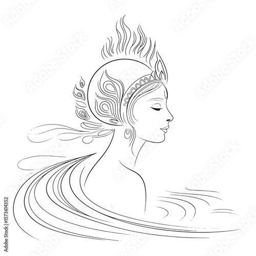 Elegant line art drawing of a serene woman with elaborate headdress and flowing hair resembling water or flames