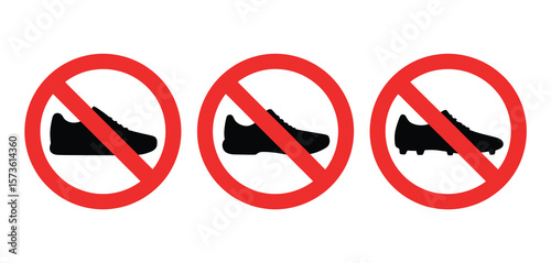 Three red prohibition signs showing different types of shoes forbidden