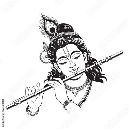 black and white krishna playing flute clip art preview