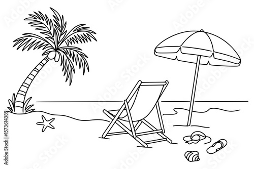 Isolated simple line art beach scene with palm tree and beach chair