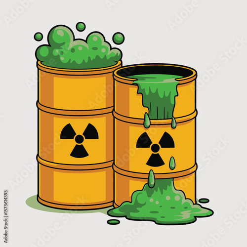 Radioactive waste barrels leaking toxic green sludge and bubbling