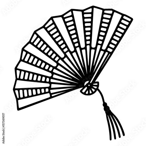 Isolated Traditional Hand Fan Doodle with Tassel