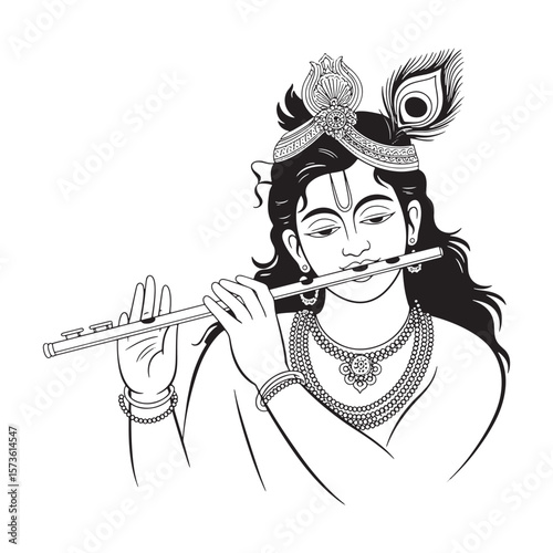Lord krishna playing his flute adorned with a peacock feather and ornate jewelry in a black and white illustration