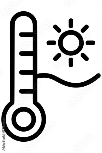 Line art thermometer and sun icon symbolizing temperature and climate