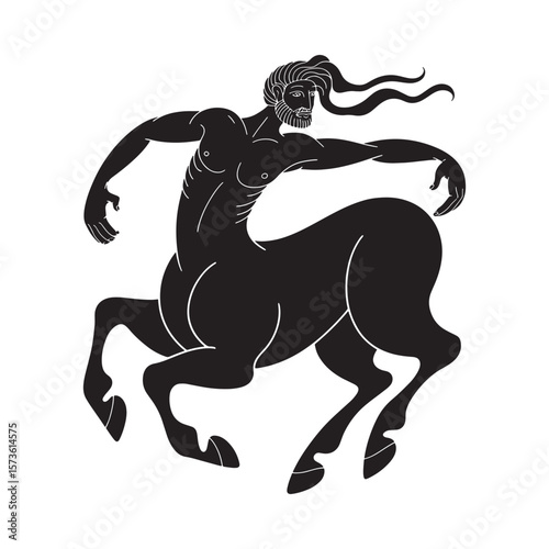 Ancient greek mythological creature centaur depicted in black silhouette with flowing hair and beard