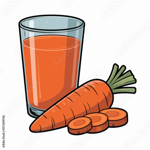 Freshly squeezed carrot juice in a glass with whole carrot and slices