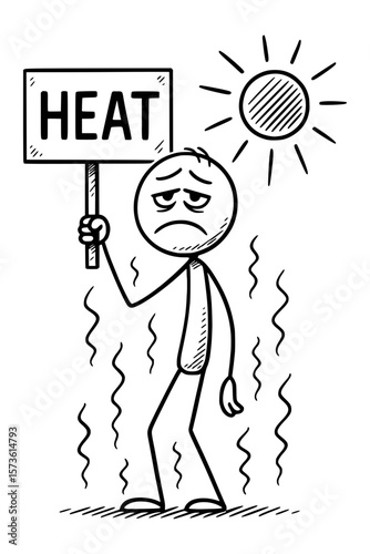 Stick Figure Feeling Uncomfortable Heat from Sun Holding Heat Sign