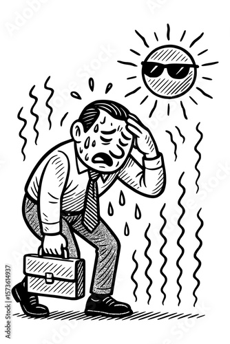 Struggling Businessman Overheating Under Scorching Sun Cartoon