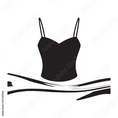 Black silhouette of a camisole top with spaghetti straps on a white background with abstract black brush strokes below