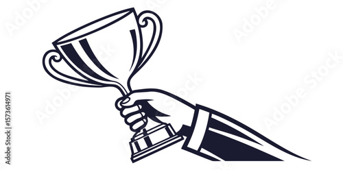 Hand Holding Trophy Cup Line Art Illustration