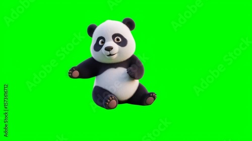 Animated Panda Bear On Green Background With Playful Gestures