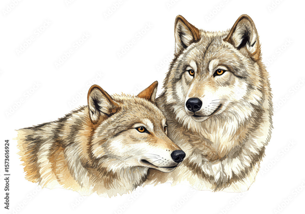 Fototapeta premium Illustration of Two Wolves Portrait Wildlife Animal Isolated Background