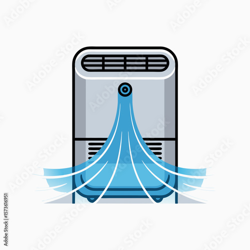 Illustration of a portable air conditioner emitting cool air, depicted with stylized blue waves.