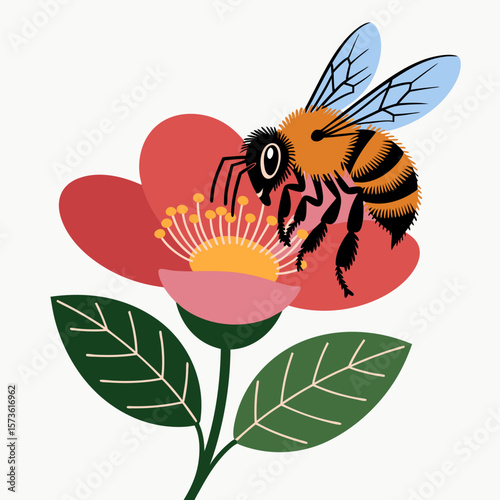 A busy bee collects nectar from a vibrant, stylized flower.