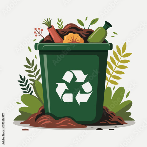 Green recycling bin overflowing with organic waste like carrot, flower, and bottle, surrounded by foliage.