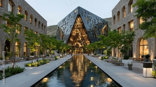 Modern architecture with landscaping and a reflecting pool.