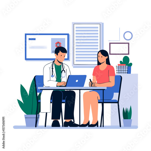 A doctor consults with a female patient, using a laptop in a medical office setting.