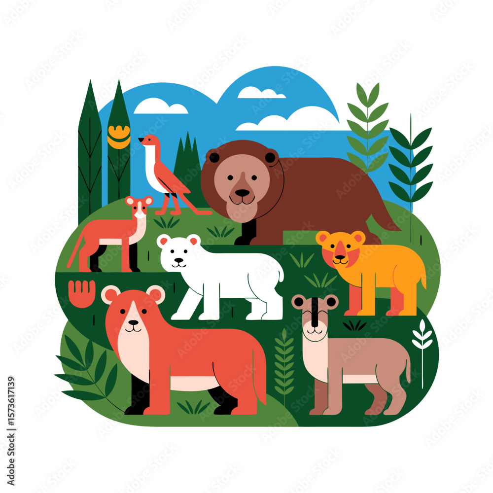 Naklejka premium Illustration of various animals including bears, a fox, and a weasel, set against a stylized landscape with trees and clouds.