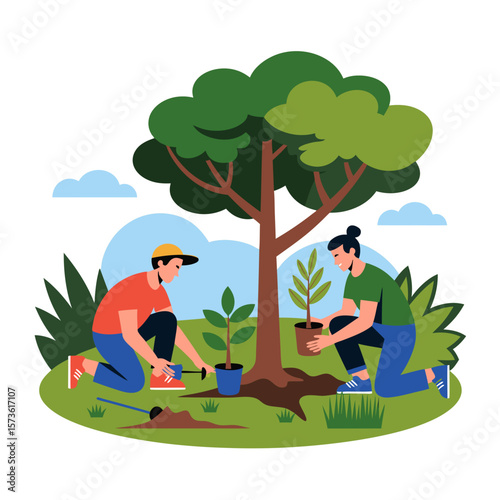Two individuals planting trees, contributing to environmental conservation efforts.