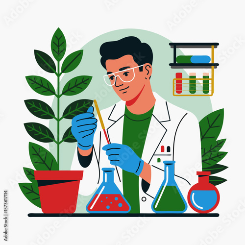 Scientist in lab coat using a pipette with flasks, plants, and test tubes, conducting scientific research.