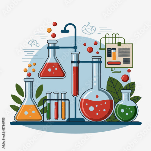 Colorful illustration of laboratory equipment, beakers, test tubes, and bubbling liquids, set against a backdrop of leaves and scientific instruments.
