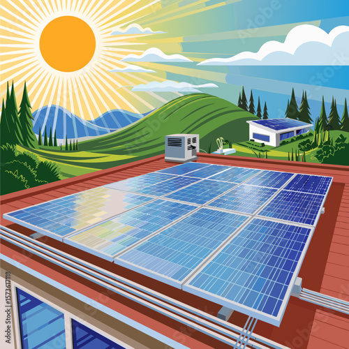 Solar panels on a rooftop generating power under a bright sunny sky.