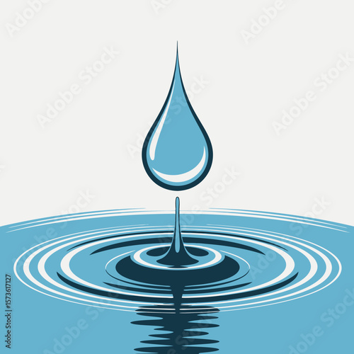 A stylized water droplet impacting a placid water surface, creating concentric ripples.