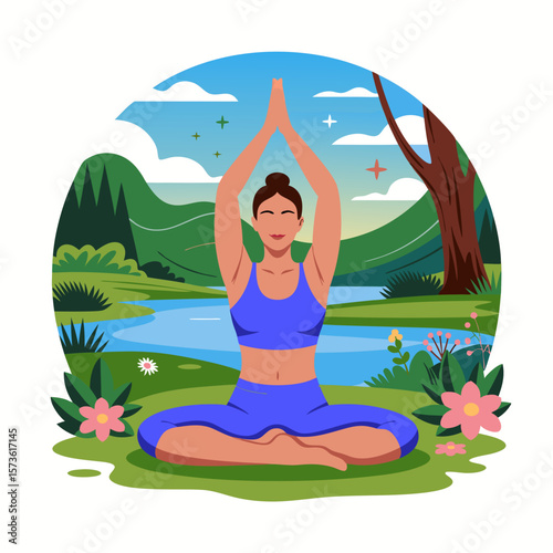 A woman practices yoga outdoors, meditating with raised arms, surrounded by nature.