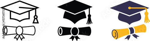 Graduation Cap & Diploma Icons: Academic Achievement, Success, & Education Symbols.