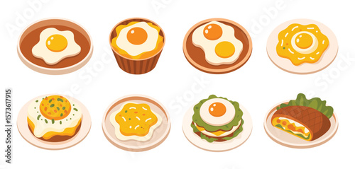 Various Egg Dishes in Isometric Style