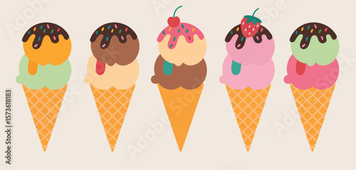 Colorful Ice Cream Cones with Different Flavors