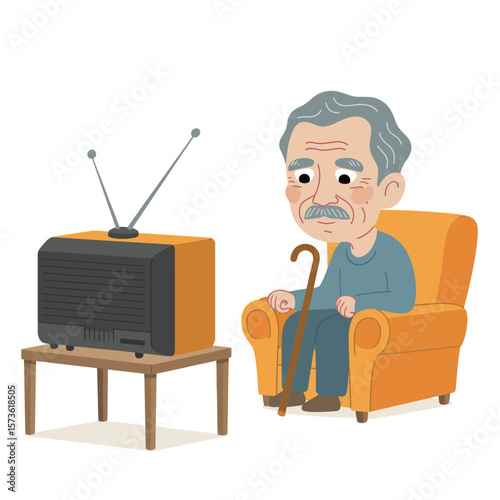 Senior Man Watching Retro Television