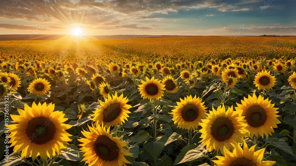 Obraz premium Endless Field of Vibrant Sunflowers Basking in Golden Sunlight – Stunning Summer Landscape for Nature, Agriculture, Floral Branding, and Seasonal Outdoor Visual Content