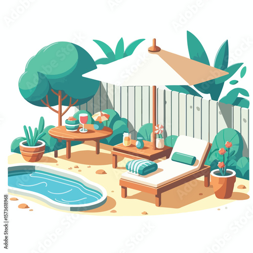 image of a sunbathing spot in spring with a simple and minimalist flat design using a white background