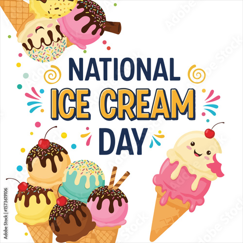 national ice cream day, ice, background, ice cream, dessert, design, day, summer, illustration, national, food, sweet, concept, happy, text, banner, vector, cold, frozen, card, cream, 
