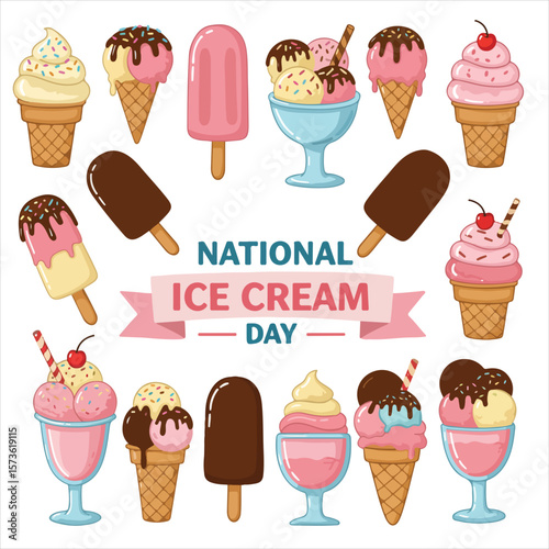 national ice cream day, ice, background, ice cream, dessert, design, day, summer, illustration, national, food, sweet, concept, happy, text, banner, vector, cold, frozen, card, cream, 