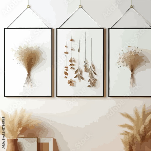 A picture of dried flower decoration on the wall with a simple and minimalist flat design using a white background.