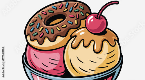 Delicious Ice Cream Sundae with Donuts and Cherry