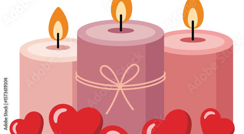 Three Romantic Candles with Red Hearts
