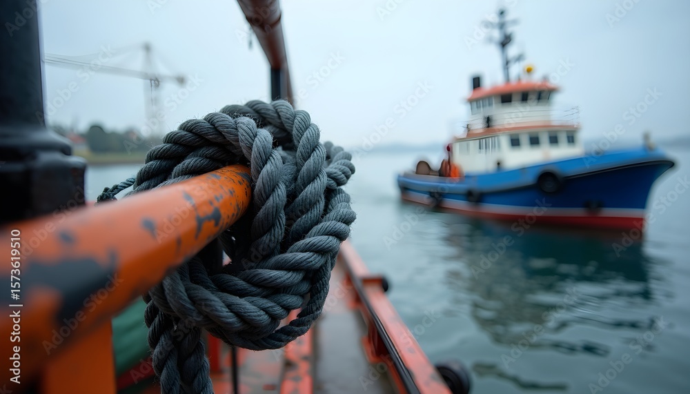 Obraz premium A close-up of a rope tied to a railing with a tugboat in the background