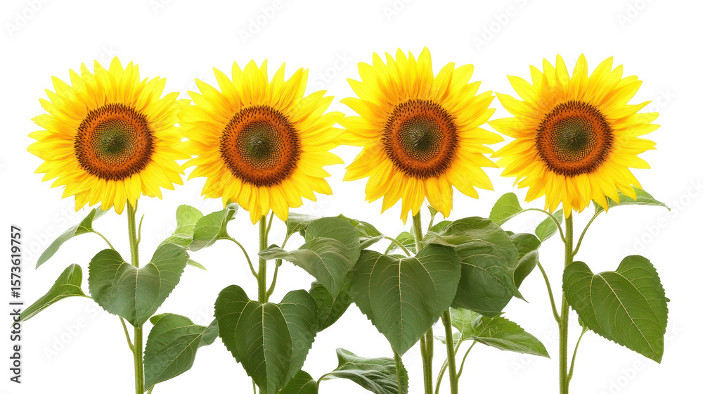 Fototapeta premium Sunflowers with Green Leaves Side by Side on Transparent Background