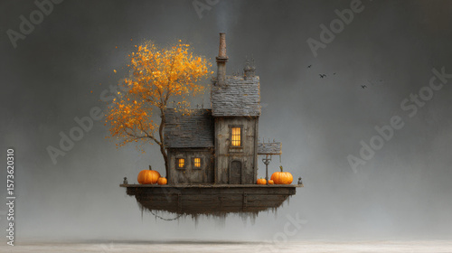 Floating wooden house with pumpkins and autumn tree creates whimsical, eerie atmosphere