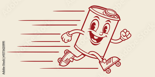 Retro Cartoon Soda Can Mascot on Roller Skates
