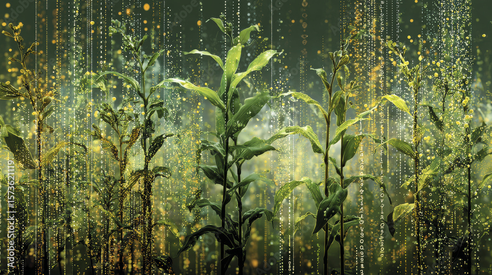 Fototapeta premium Genetically modified crops with digital DNA code overlay, thriving in futuristic agricultural environment with glowing data streams and green leaves