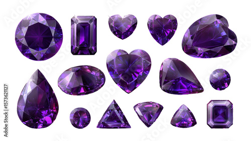  Collection of Deep Purple Gemstones in Multiple Elegant Cuts on Transparent Background